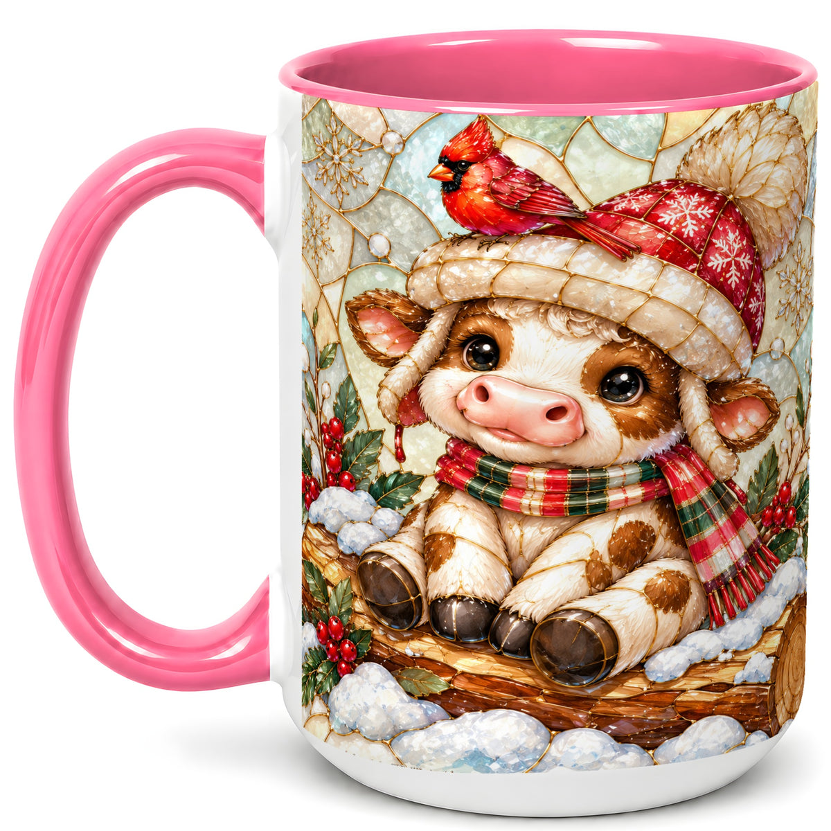 #pl[15oz|Pink] Stained Glass Christmas Calf Coffee Mug, Winter Cow Mug, Ceramic Cup