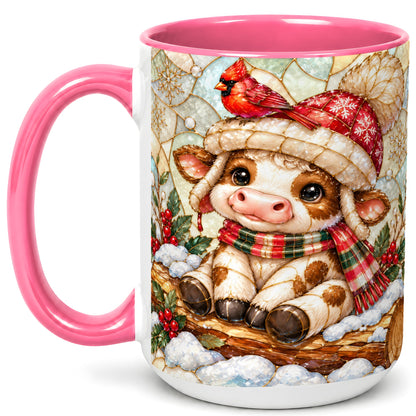 #pl[15oz|Pink] Stained Glass Christmas Calf Coffee Mug, Winter Cow Mug, Ceramic Cup