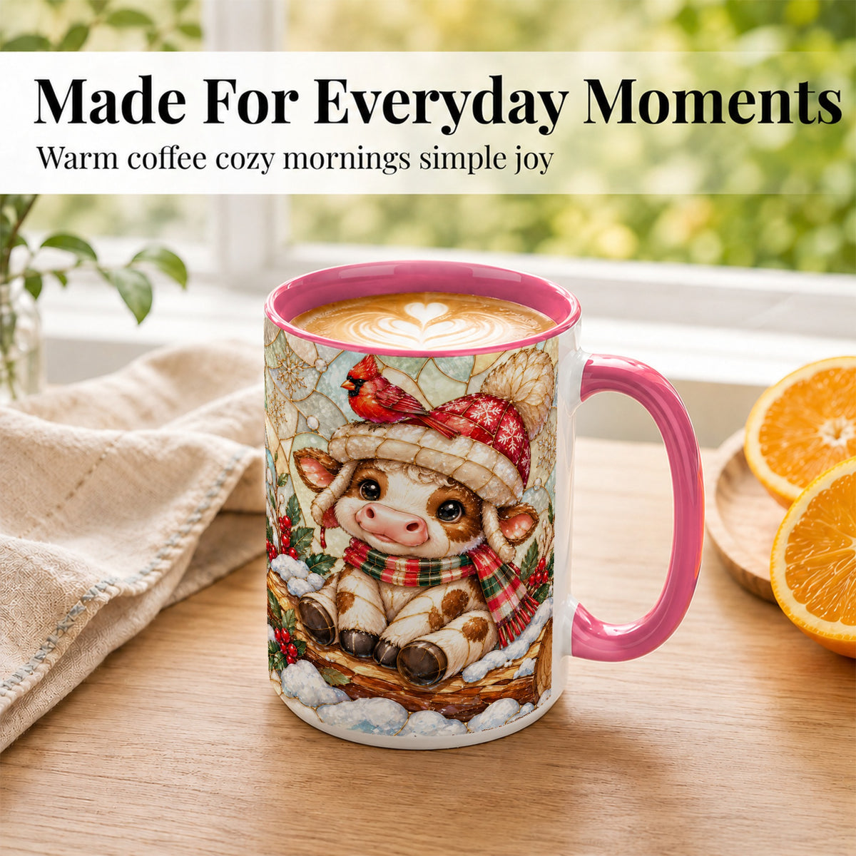 #pl[15oz|Pink] Stained Glass Christmas Calf Coffee Mug, Winter Cow Mug, Ceramic Cup