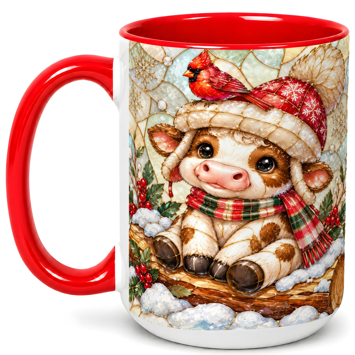 #pl[15oz|Red] Stained Glass Christmas Calf Coffee Mug, Winter Cow Mug, Ceramic Cup