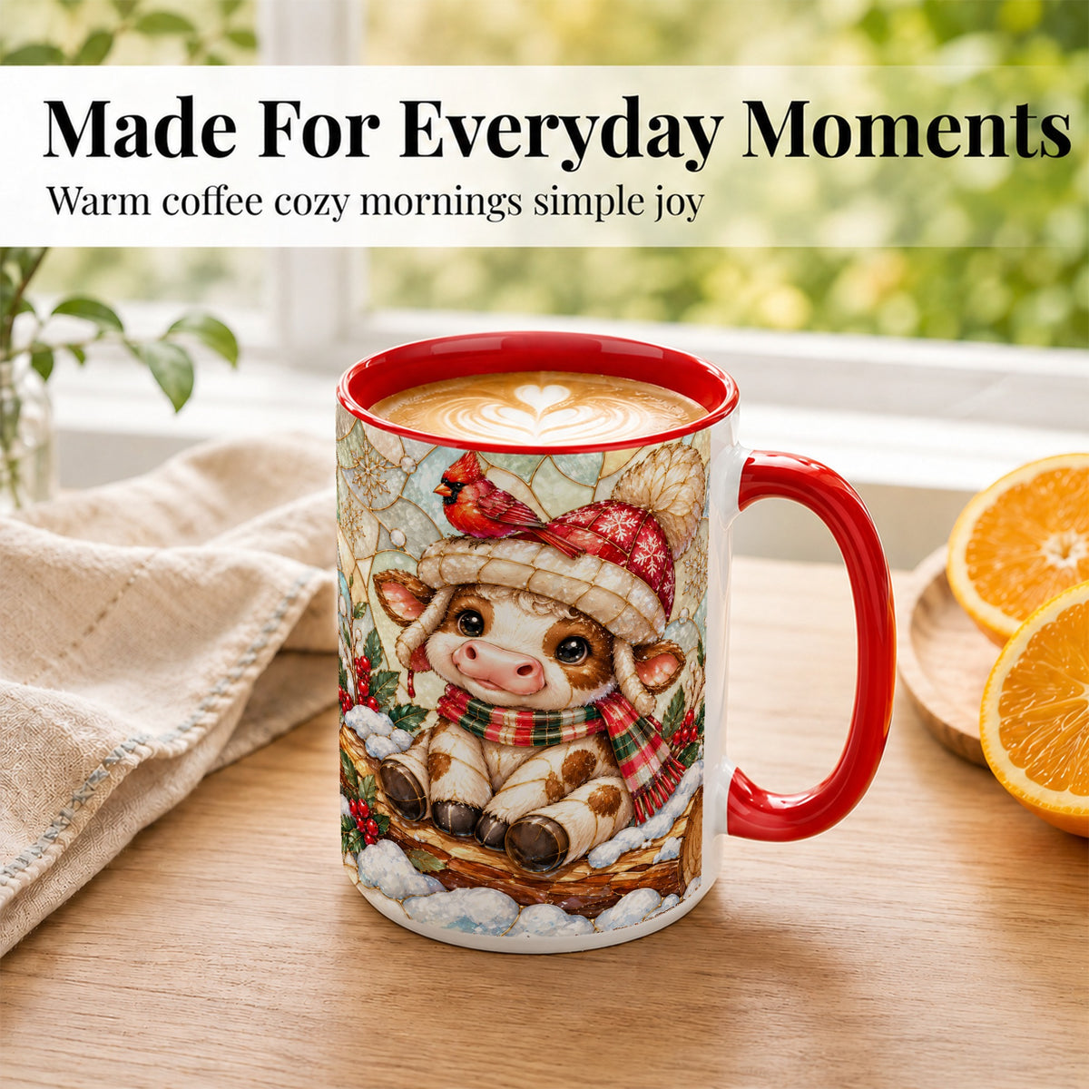 #pl[15oz|Red] Stained Glass Christmas Calf Coffee Mug, Winter Cow Mug, Ceramic Cup