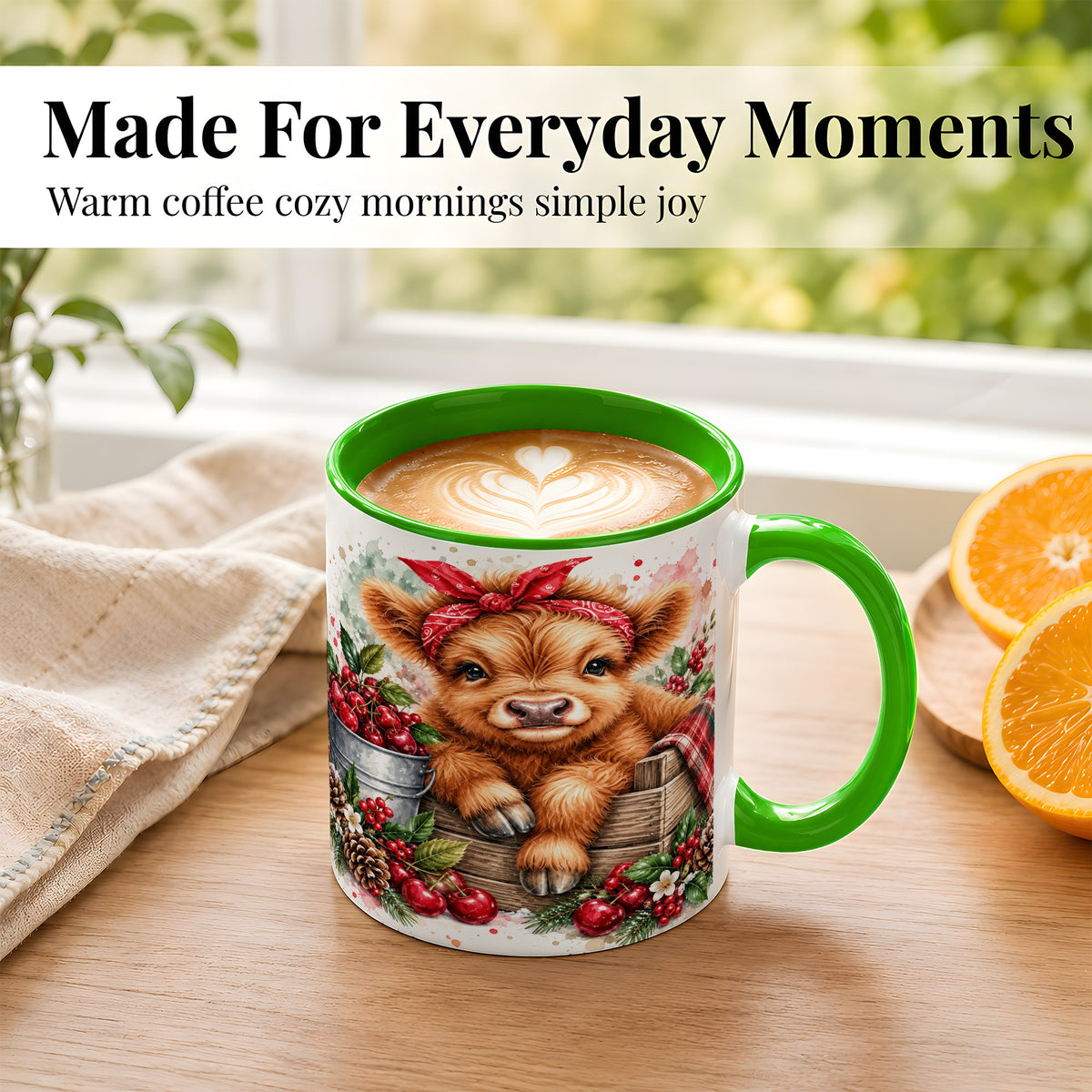 #pl[11oz|Green] Highland Calf Coffee Mug, Rustic Farm Cow Mug, Ceramic Cup