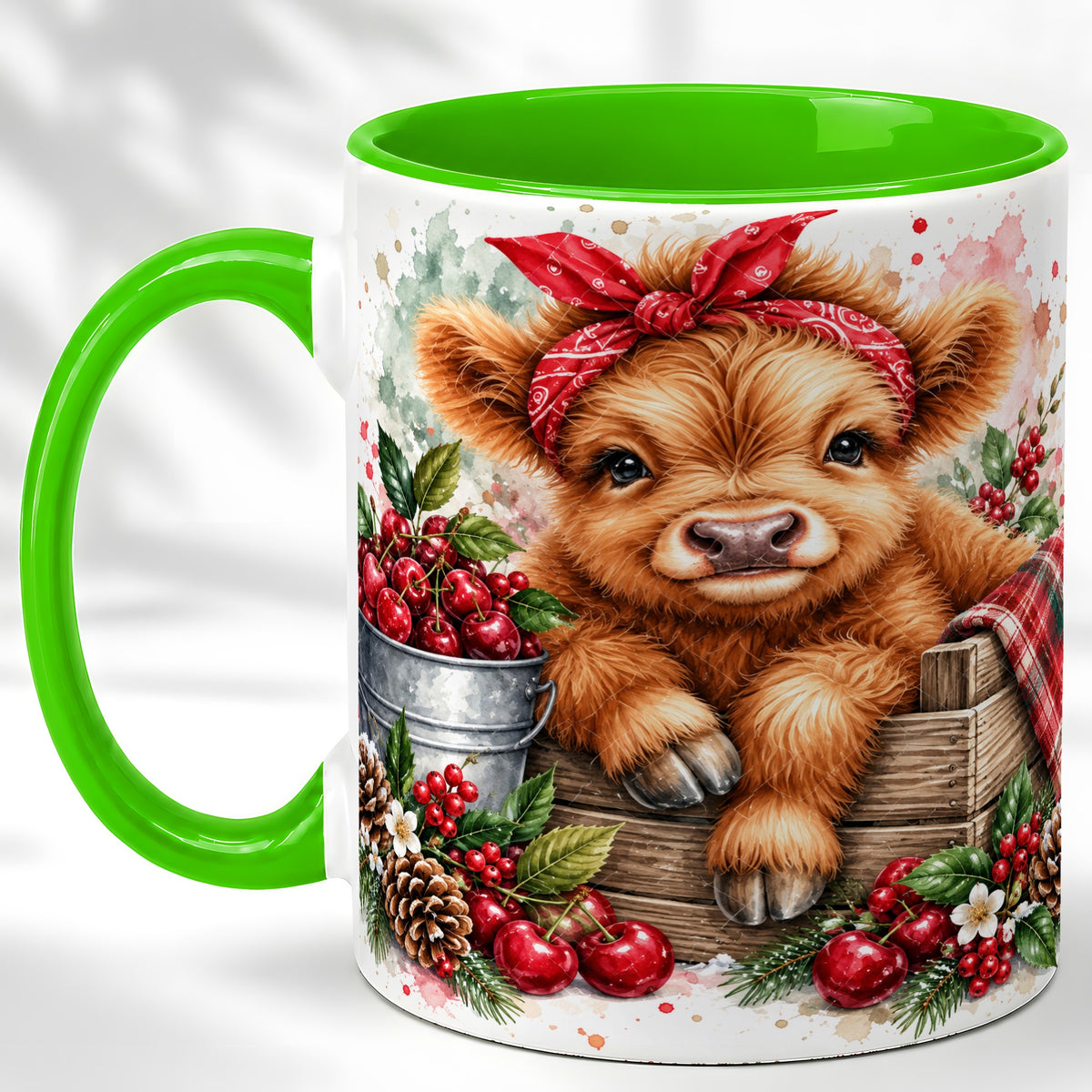 #pl[11oz|Green] Highland Calf Coffee Mug, Rustic Farm Cow Mug, Ceramic Cup