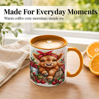 #pl[11oz|Orange] Highland Calf Coffee Mug, Rustic Farm Cow Mug, Ceramic Cup