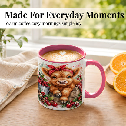#pl[11oz|Pink] Highland Calf Coffee Mug, Rustic Farm Cow Mug, Ceramic Cup