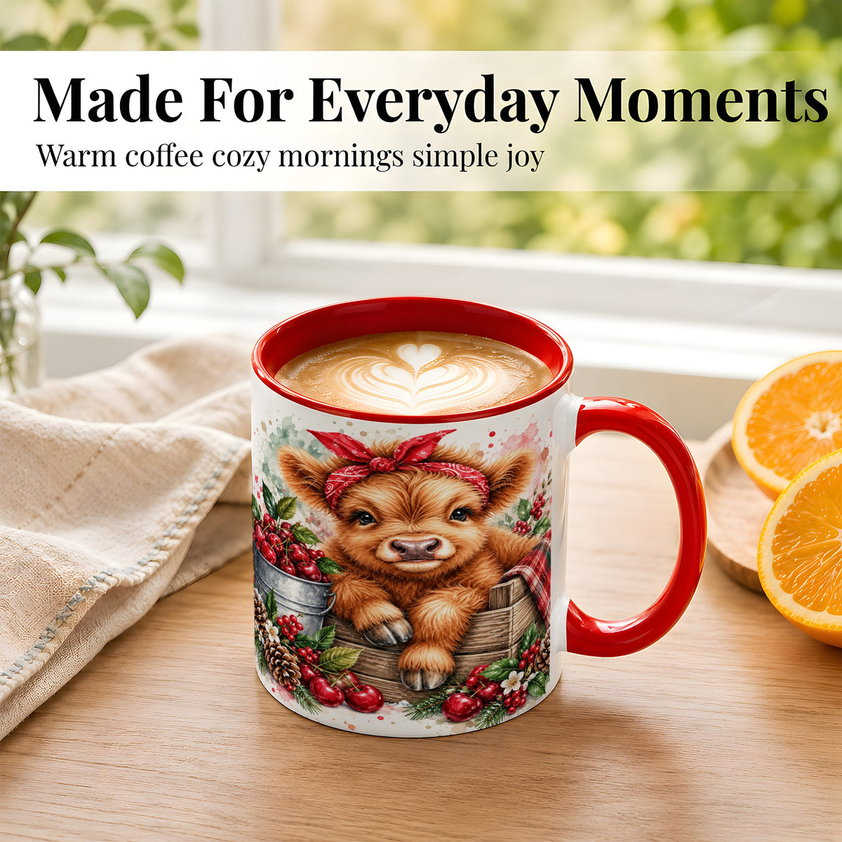 #pl[11oz|Red] Highland Calf Coffee Mug, Rustic Farm Cow Mug, Ceramic Cup