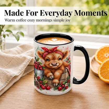 #pl[15oz|Black] Highland Calf Coffee Mug, Rustic Farm Cow Mug, Ceramic Cup