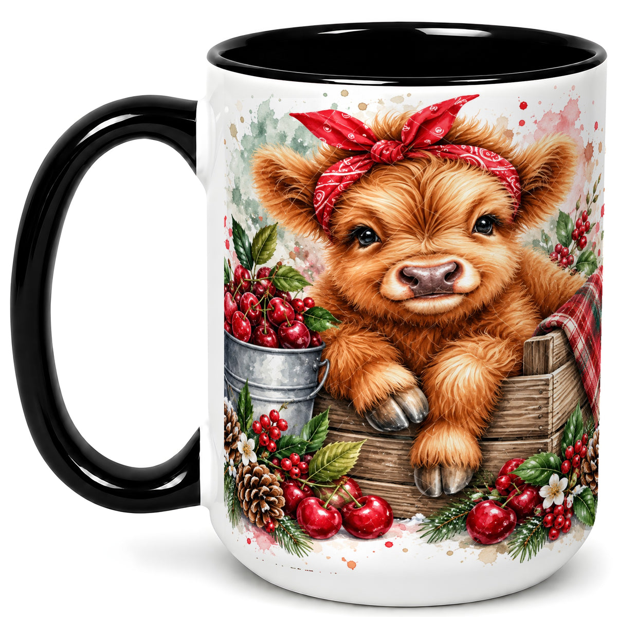 #pl[15oz|Black] Highland Calf Coffee Mug, Rustic Farm Cow Mug, Ceramic Cup