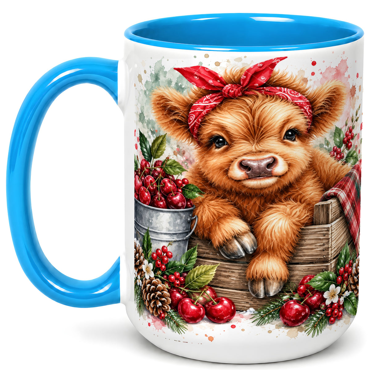 #pl[15oz|Blue] Highland Calf Coffee Mug, Rustic Farm Cow Mug, Ceramic Cup