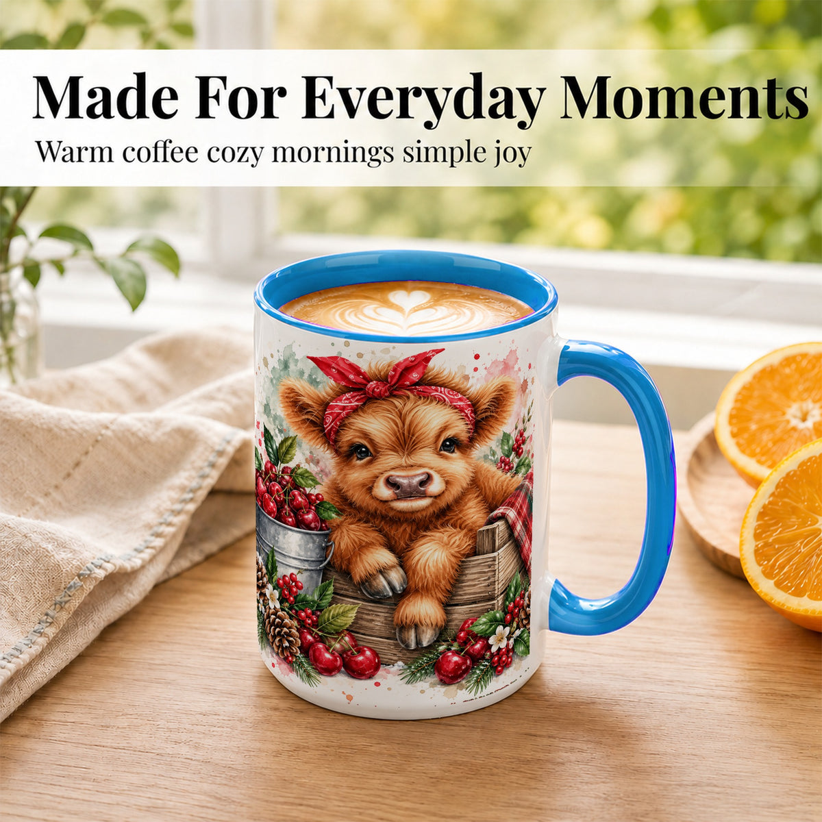 #pl[15oz|Blue] Highland Calf Coffee Mug, Rustic Farm Cow Mug, Ceramic Cup