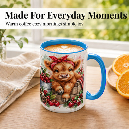 #pl[15oz|Blue] Highland Calf Coffee Mug, Rustic Farm Cow Mug, Ceramic Cup