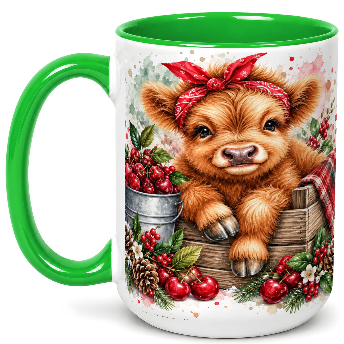 #pl[15oz|Green] Highland Calf Coffee Mug, Rustic Farm Cow Mug, Ceramic Cup