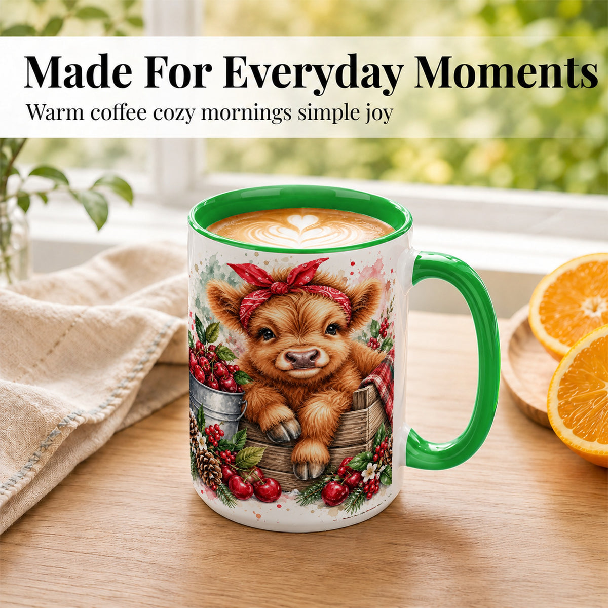 #pl[15oz|Green] Highland Calf Coffee Mug, Rustic Farm Cow Mug, Ceramic Cup