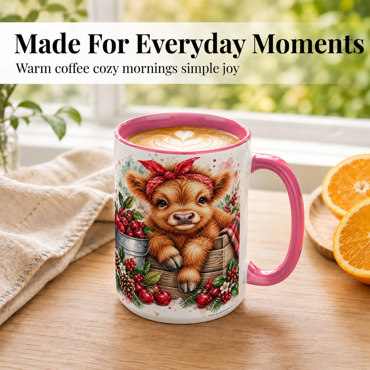 #pl[15oz|Pink] Highland Calf Coffee Mug, Rustic Farm Cow Mug, Ceramic Cup