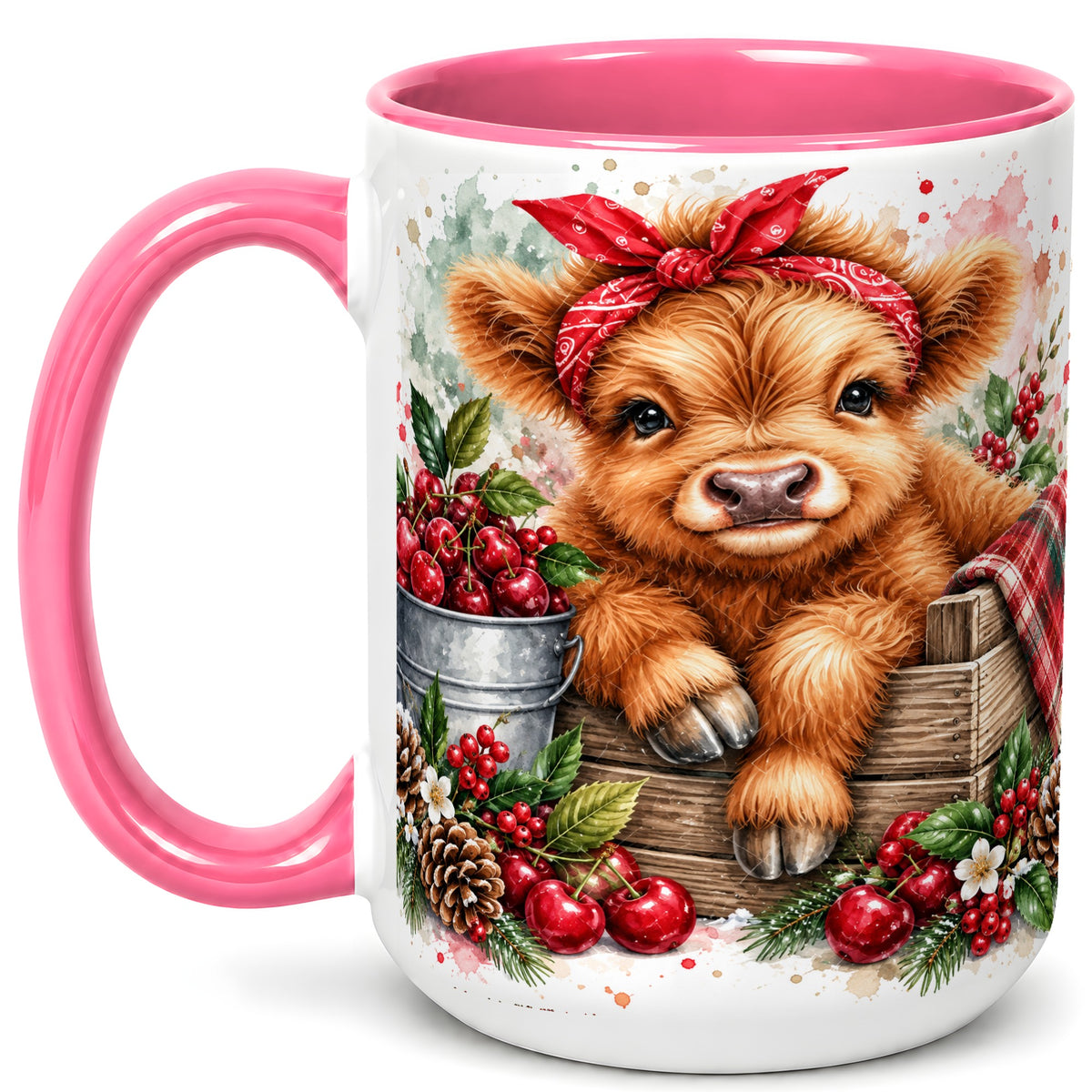 #pl[15oz|Pink] Highland Calf Coffee Mug, Rustic Farm Cow Mug, Ceramic Cup