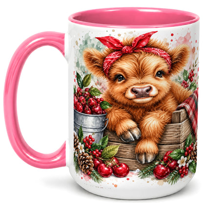#pl[15oz|Pink] Highland Calf Coffee Mug, Rustic Farm Cow Mug, Ceramic Cup