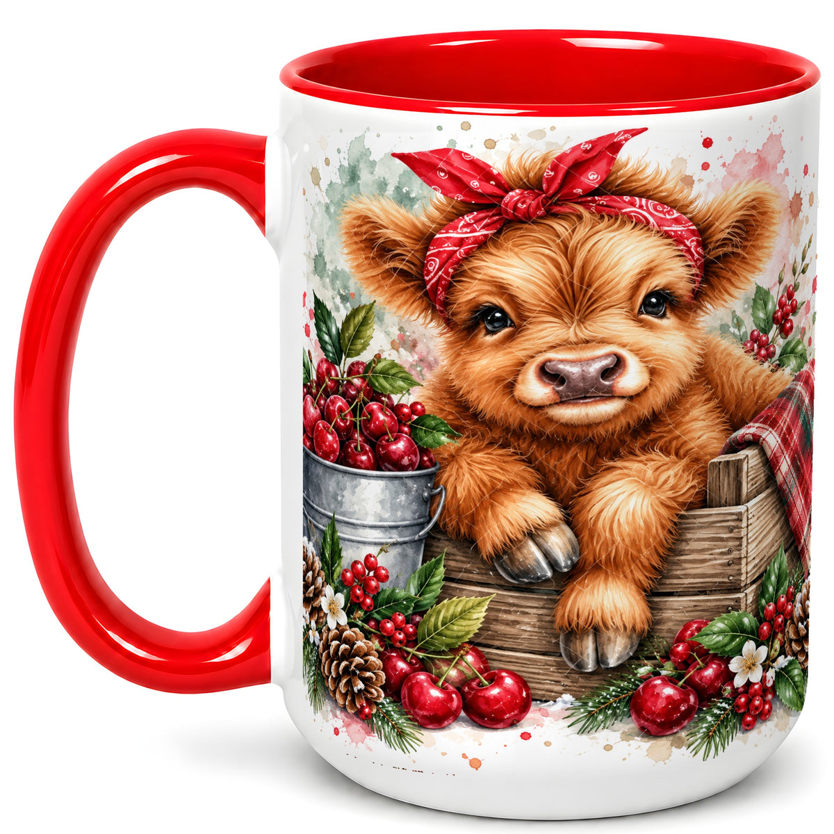 #pl[15oz|Red] Highland Calf Coffee Mug, Rustic Farm Cow Mug, Ceramic Cup