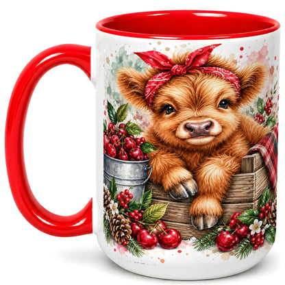 #pl[15oz|Red] Highland Calf Coffee Mug, Rustic Farm Cow Mug, Ceramic Cup
