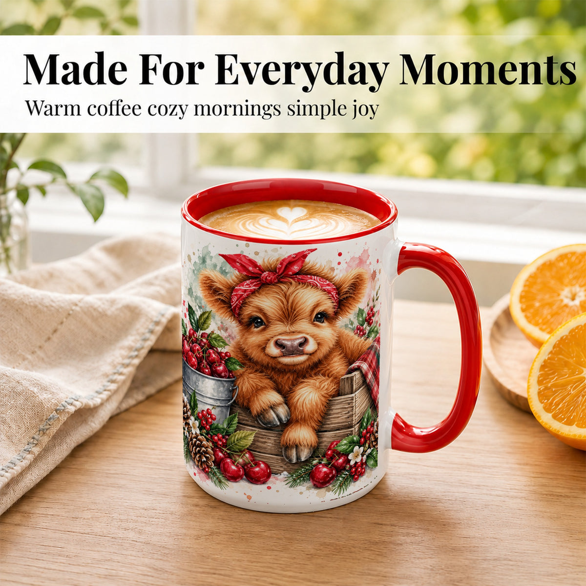 #pl[15oz|Red] Highland Calf Coffee Mug, Rustic Farm Cow Mug, Ceramic Cup