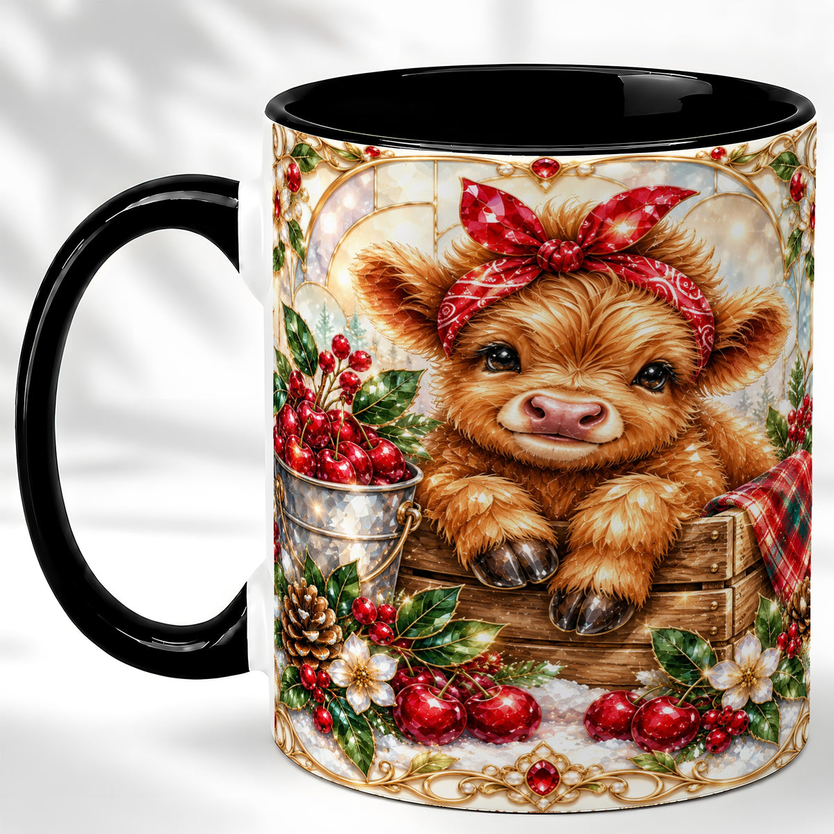 #pl[11oz|Black] Christmas Highland Cow Coffee Mug, Holiday Cow Mug, Ceramic Cup