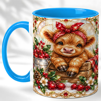 #pl[11oz|Blue] Christmas Highland Cow Coffee Mug, Holiday Cow Mug, Ceramic Cup
