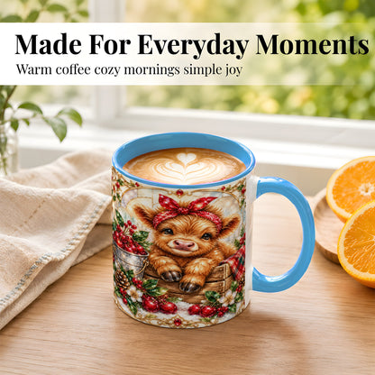 #pl[11oz|Blue] Christmas Highland Cow Coffee Mug, Holiday Cow Mug, Ceramic Cup