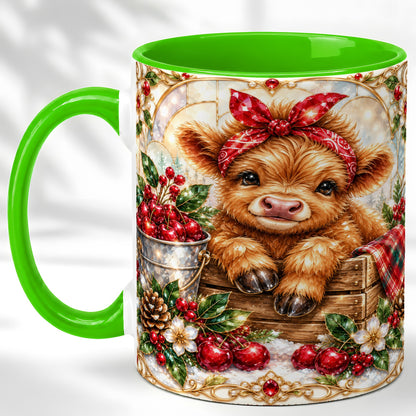 #pl[11oz|Green] Christmas Highland Cow Coffee Mug, Holiday Cow Mug, Ceramic Cup