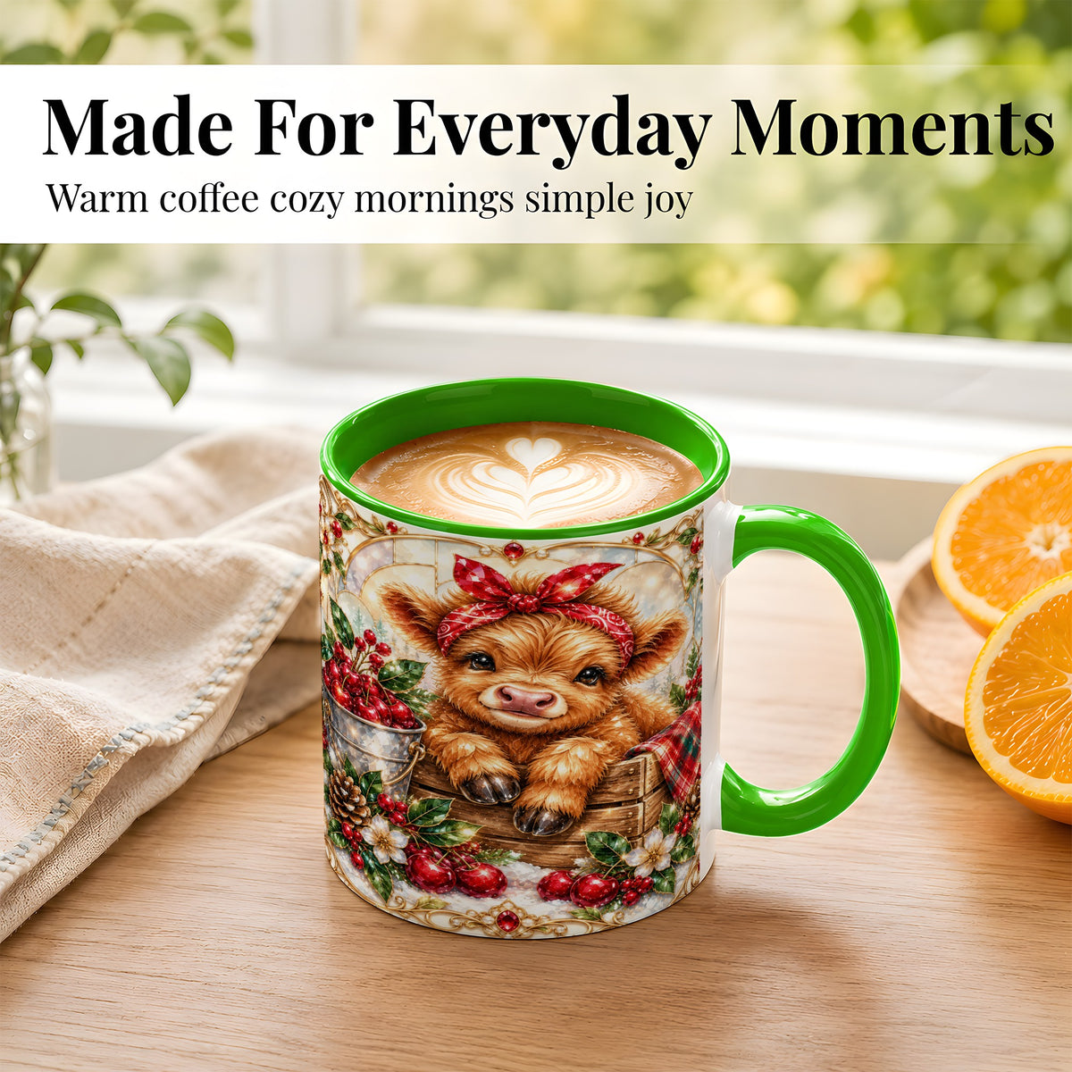 #pl[11oz|Green] Christmas Highland Cow Coffee Mug, Holiday Cow Mug, Ceramic Cup