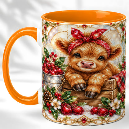 #pl[11oz|Orange] Christmas Highland Cow Coffee Mug, Holiday Cow Mug, Ceramic Cup