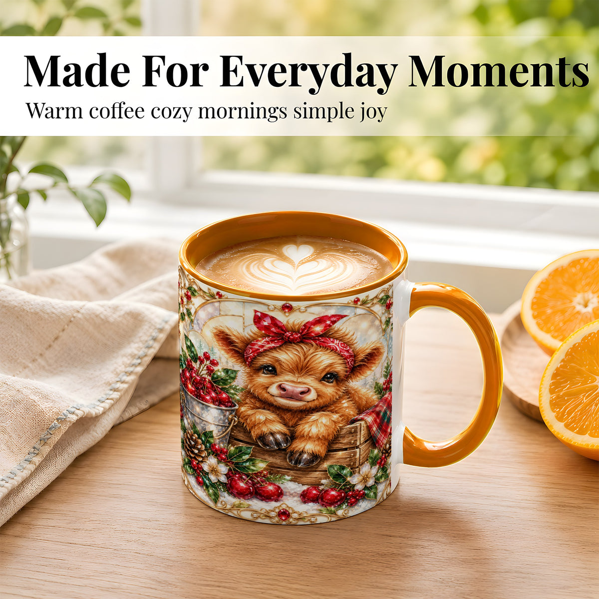 #pl[11oz|Orange] Christmas Highland Cow Coffee Mug, Holiday Cow Mug, Ceramic Cup