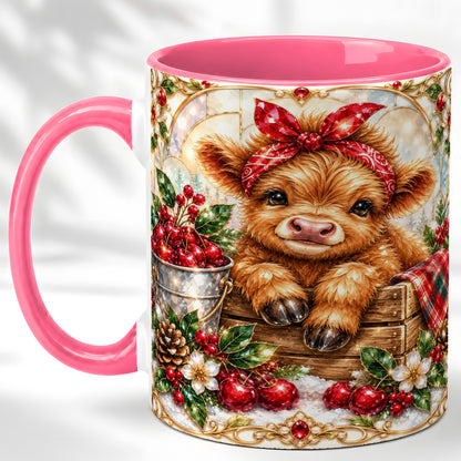 #pl[11oz|Pink] Christmas Highland Cow Coffee Mug, Holiday Cow Mug, Ceramic Cup