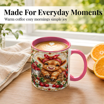 #pl[11oz|Pink] Christmas Highland Cow Coffee Mug, Holiday Cow Mug, Ceramic Cup