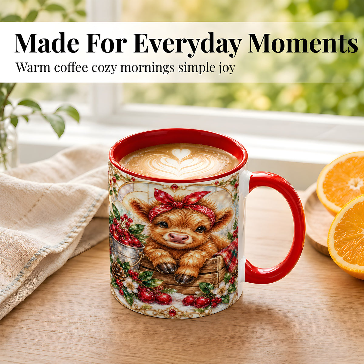 #pl[11oz|Red] Christmas Highland Cow Coffee Mug, Holiday Cow Mug, Ceramic Cup