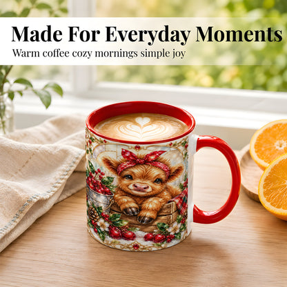 #pl[11oz|Red] Christmas Highland Cow Coffee Mug, Holiday Cow Mug, Ceramic Cup