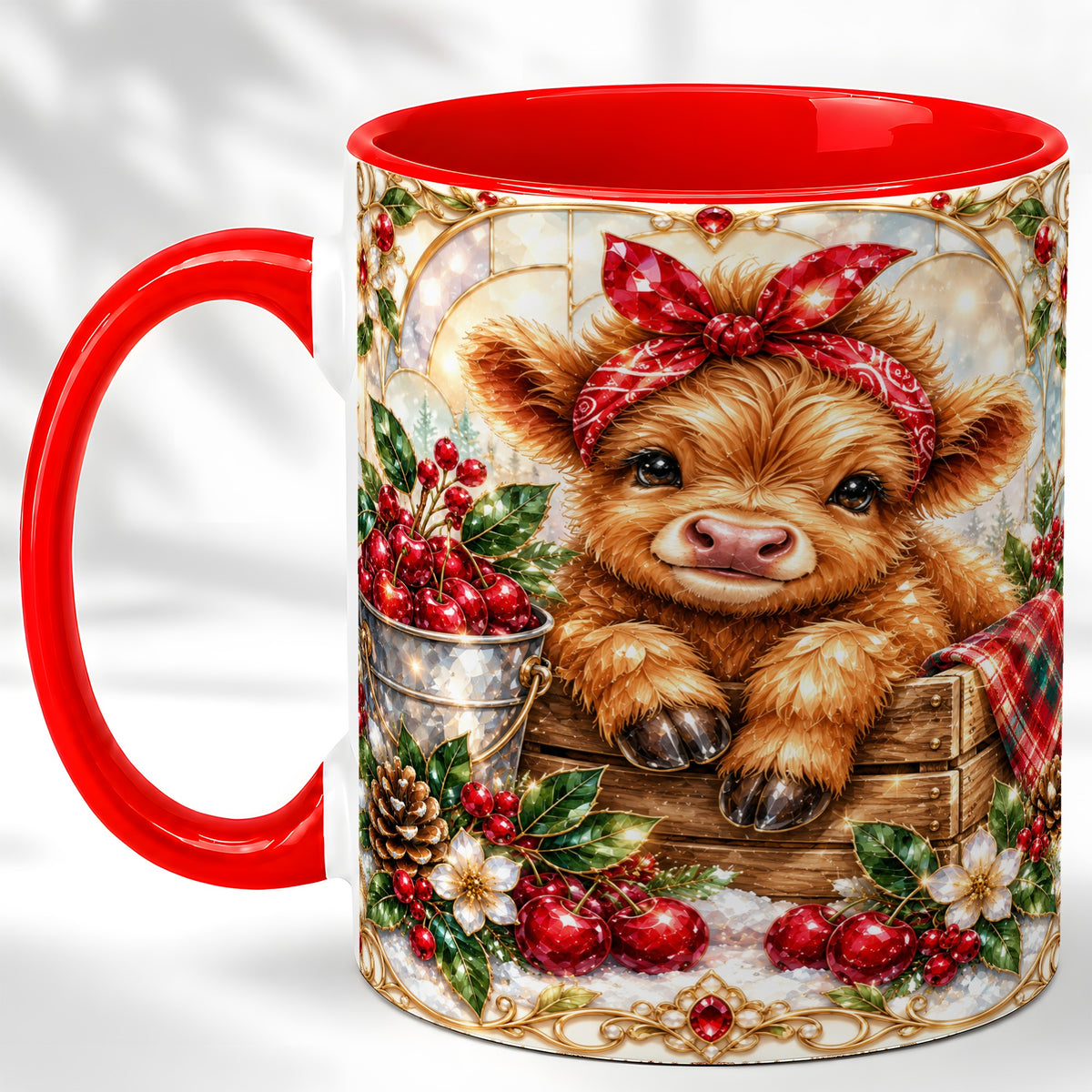 Christmas Highland Cow Coffee Mug, Holiday Cow Mug, Ceramic Cup