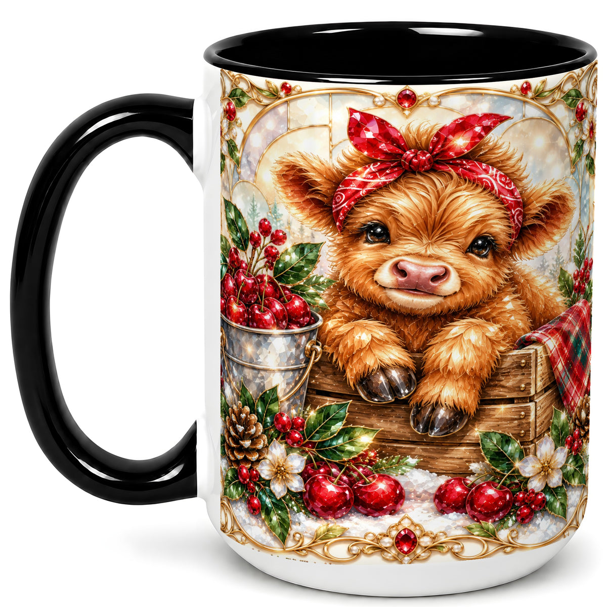 #pl[15oz|Black] Christmas Highland Cow Coffee Mug, Holiday Cow Mug, Ceramic Cup