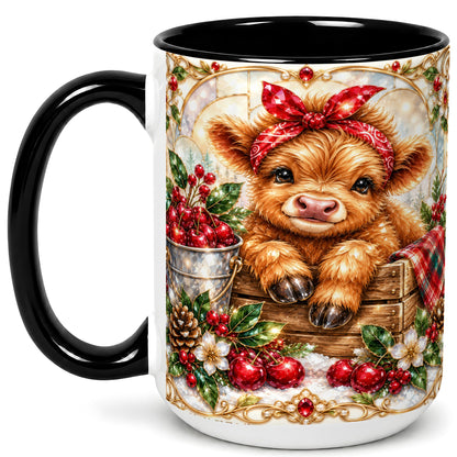 #pl[15oz|Black] Christmas Highland Cow Coffee Mug, Holiday Cow Mug, Ceramic Cup