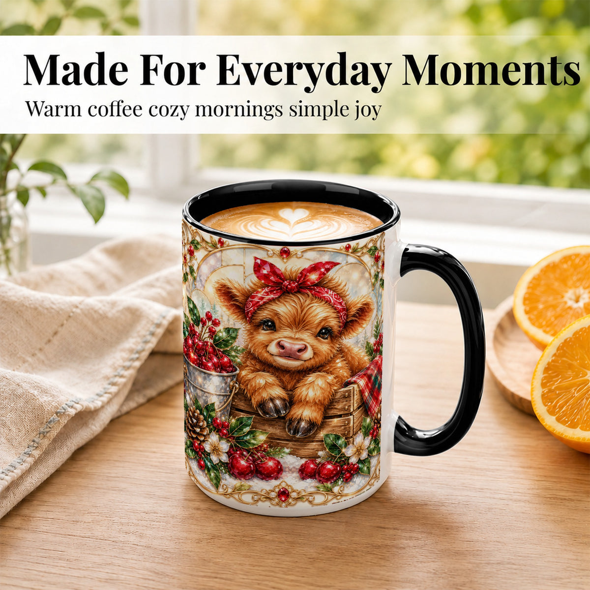 #pl[15oz|Black] Christmas Highland Cow Coffee Mug, Holiday Cow Mug, Ceramic Cup