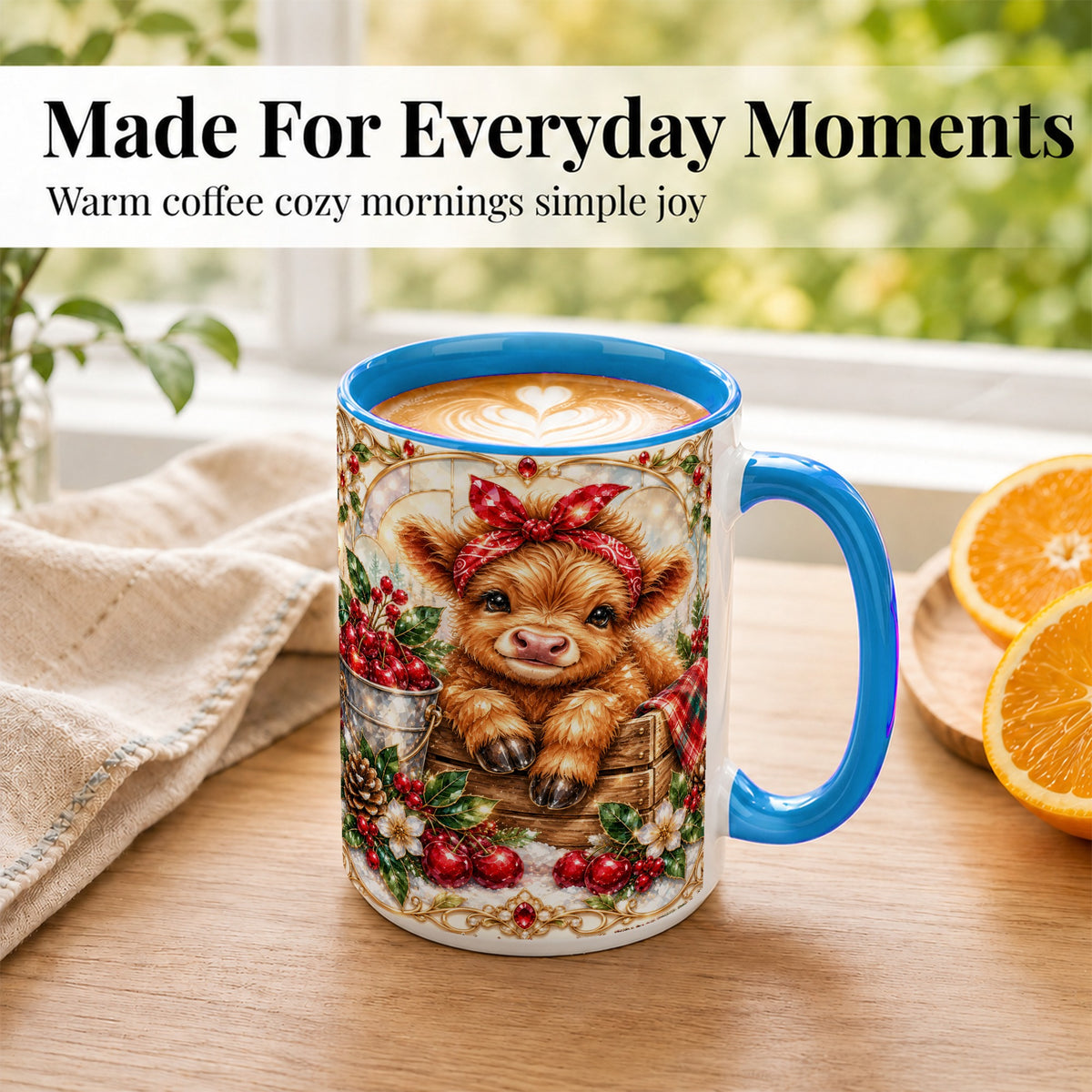 #pl[15oz|Blue] Christmas Highland Cow Coffee Mug, Holiday Cow Mug, Ceramic Cup
