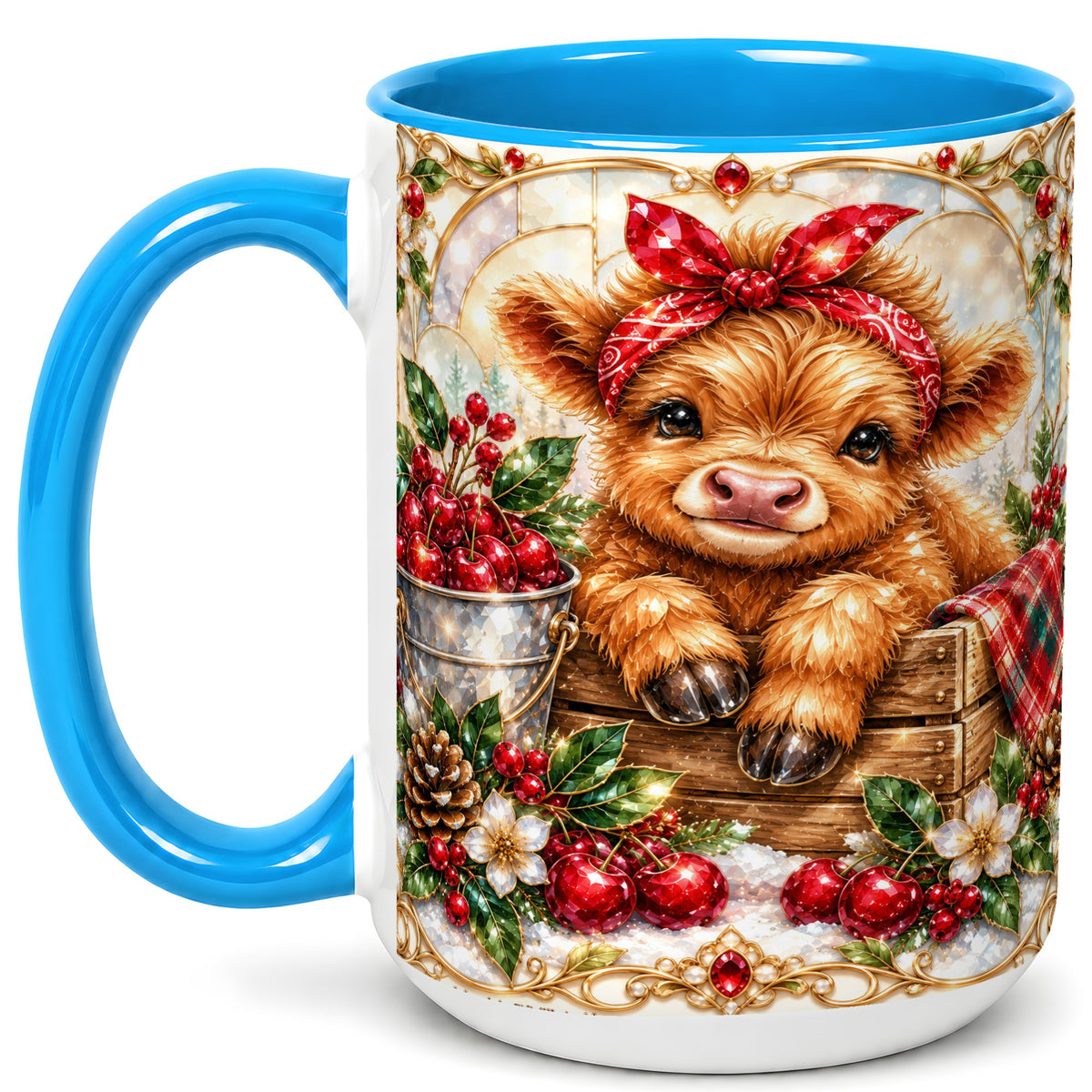 #pl[15oz|Blue] Christmas Highland Cow Coffee Mug, Holiday Cow Mug, Ceramic Cup