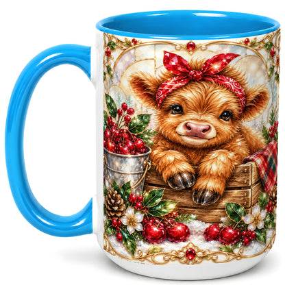 #pl[15oz|Blue] Christmas Highland Cow Coffee Mug, Holiday Cow Mug, Ceramic Cup