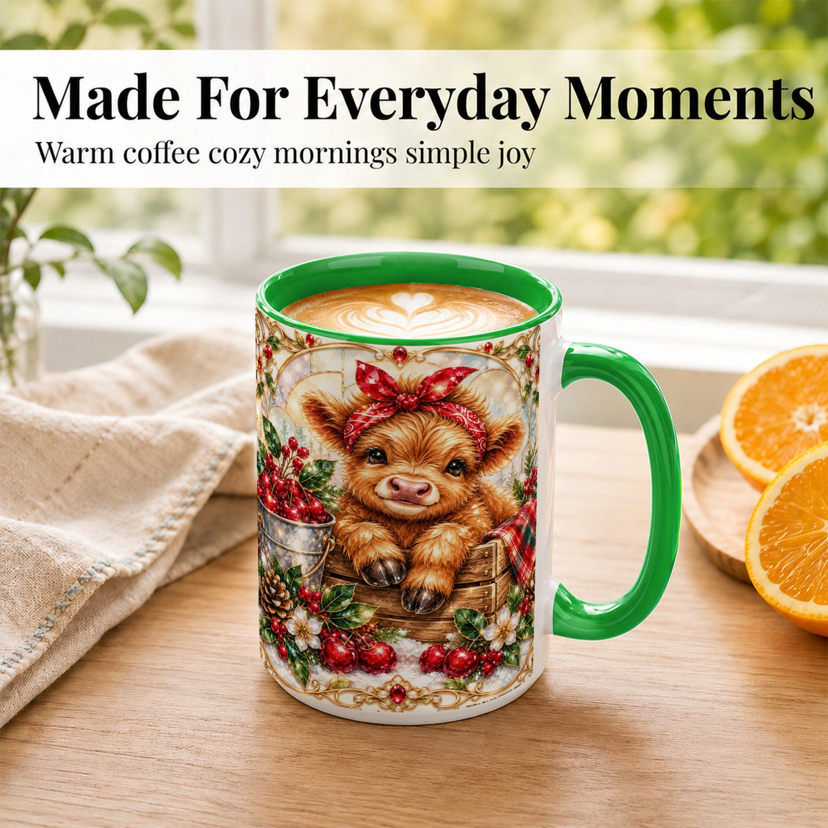 #pl[15oz|Green] Christmas Highland Cow Coffee Mug, Holiday Cow Mug, Ceramic Cup