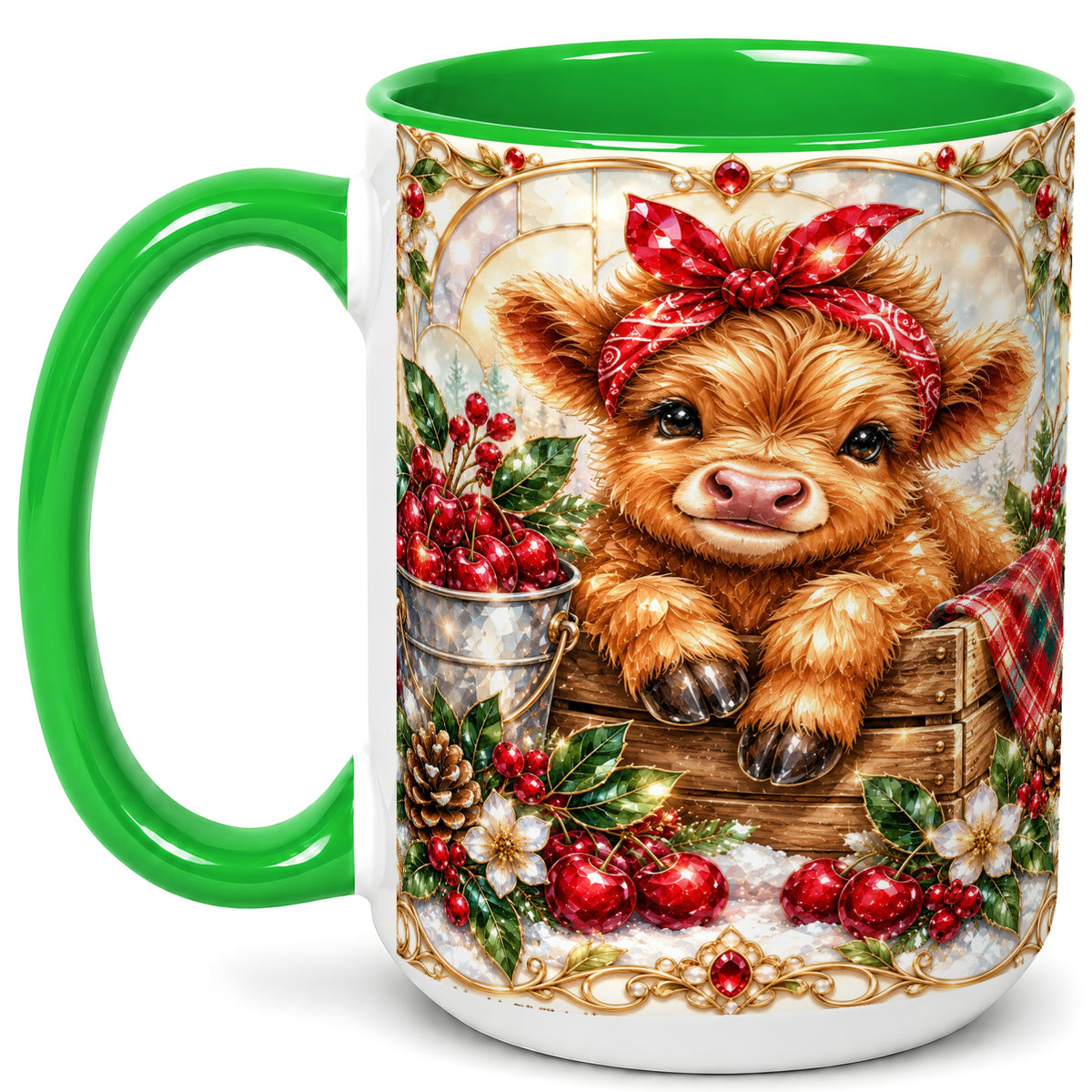 #pl[15oz|Green] Christmas Highland Cow Coffee Mug, Holiday Cow Mug, Ceramic Cup