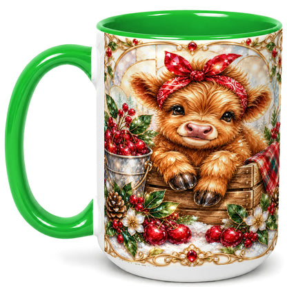 #pl[15oz|Green] Christmas Highland Cow Coffee Mug, Holiday Cow Mug, Ceramic Cup