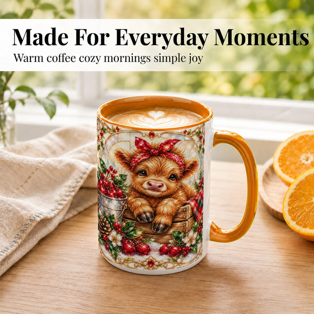 #pl[15oz|Orange] Christmas Highland Cow Coffee Mug, Holiday Cow Mug, Ceramic Cup