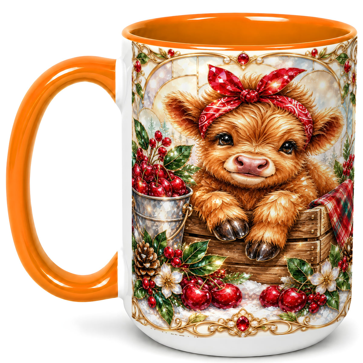 #pl[15oz|Orange] Christmas Highland Cow Coffee Mug, Holiday Cow Mug, Ceramic Cup