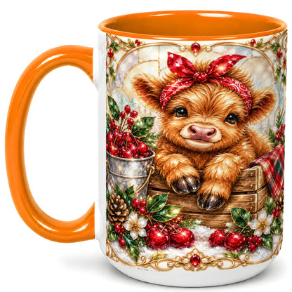 #pl[15oz|Orange] Christmas Highland Cow Coffee Mug, Holiday Cow Mug, Ceramic Cup