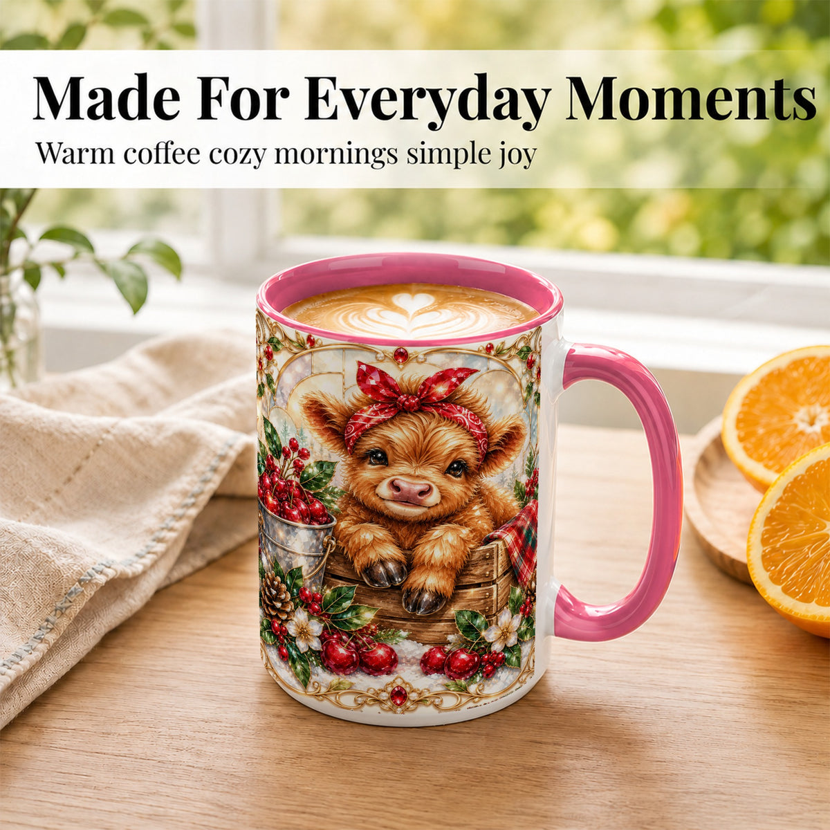 #pl[15oz|Pink] Christmas Highland Cow Coffee Mug, Holiday Cow Mug, Ceramic Cup
