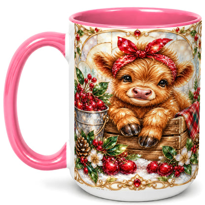#pl[15oz|Pink] Christmas Highland Cow Coffee Mug, Holiday Cow Mug, Ceramic Cup