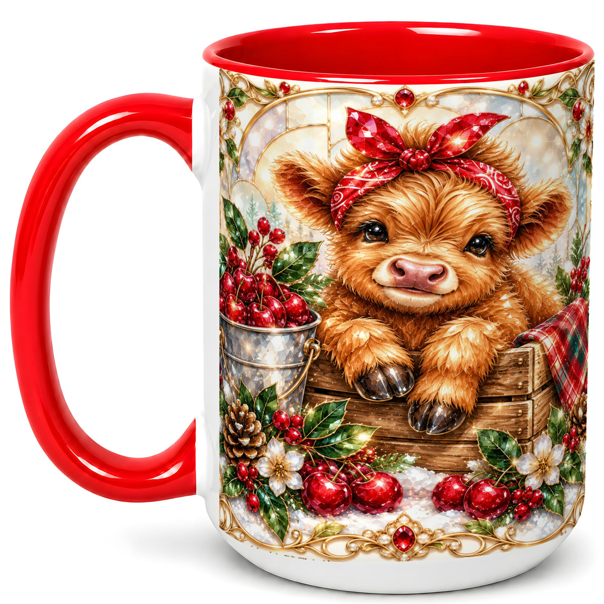 #pl[15oz|Red] Christmas Highland Cow Coffee Mug, Holiday Cow Mug, Ceramic Cup
